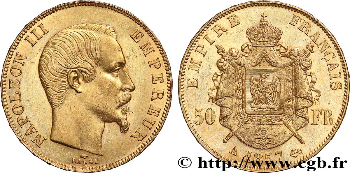 50 francs or Napoléon III, tête nue 1857 Paris F.547/4 SPL+ 