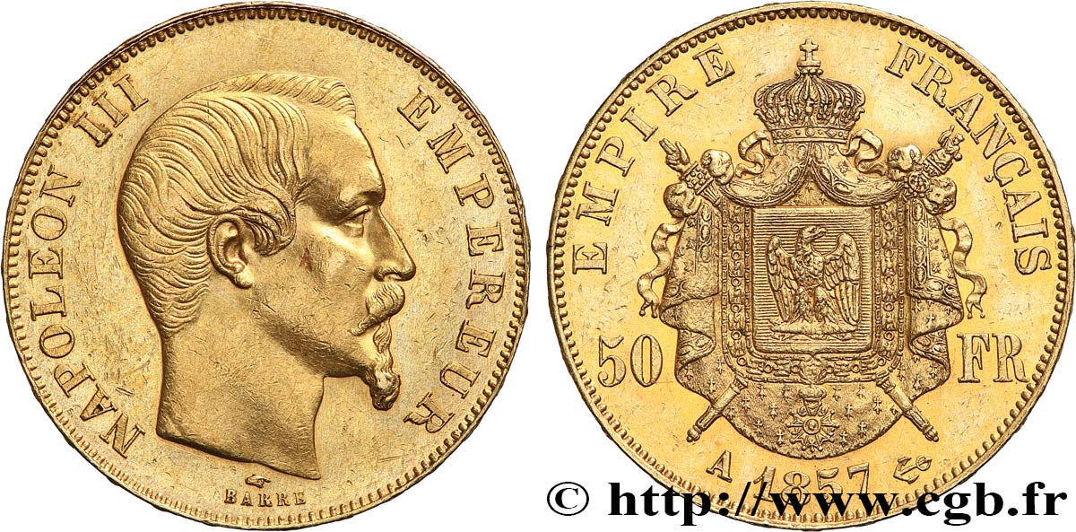 50 francs or Napoléon III, tête nue 1857 Paris F.547/4 VZ 