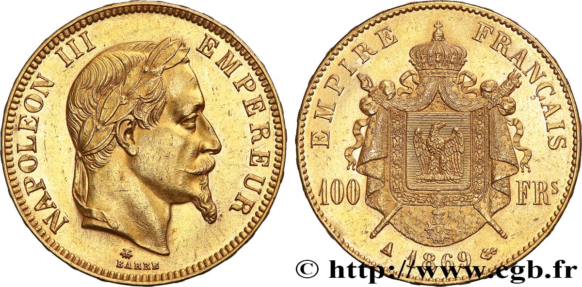 100 francs or Napoléon III, tête laurée 1869 Paris F.551/12 SPL58 