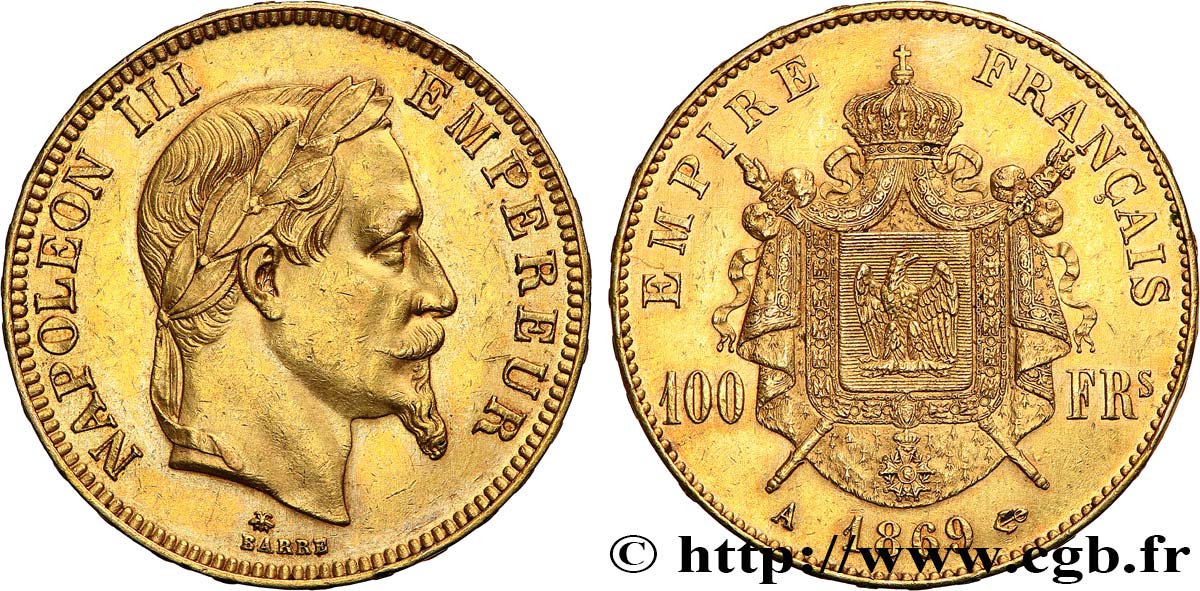 100 francs or Napoléon III, tête laurée 1869 Paris F.551/12 AU55 