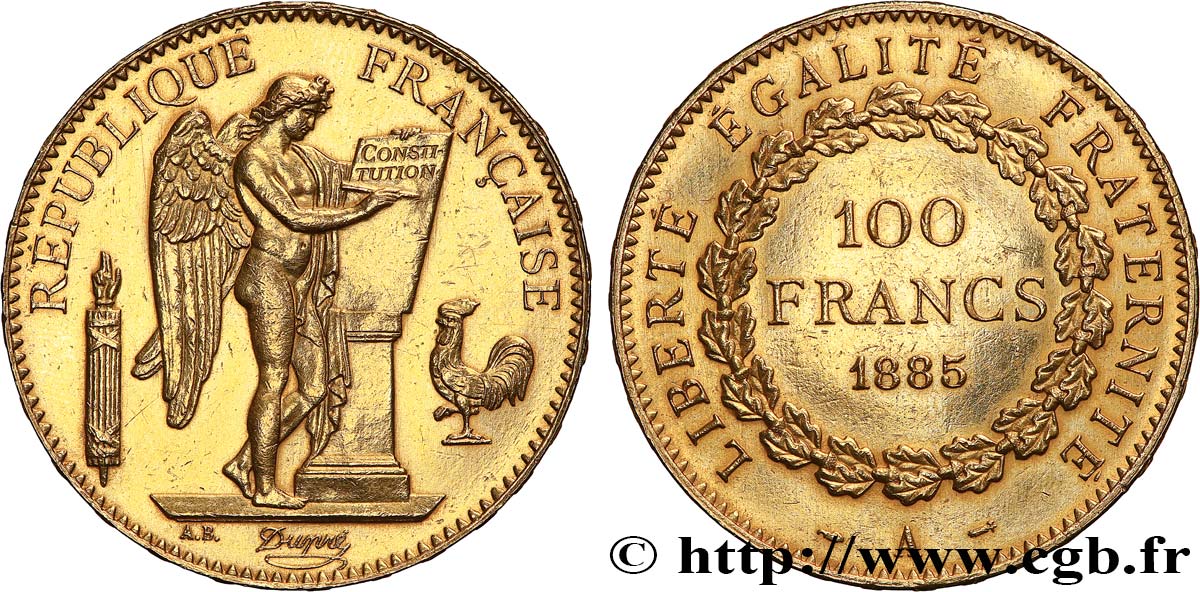 100 francs or Génie, tranche inscrite en relief Dieu protège la France 1885 Paris F.552/6 SPL 