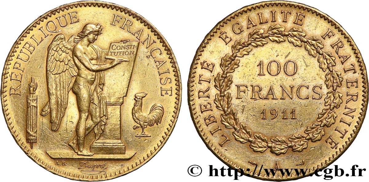 100 francs or Génie, tranche inscrite en relief Liberté Égalité Fraternité 1911 Paris F.553/5 VZ+ 