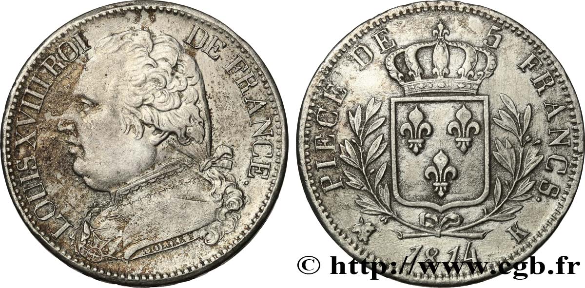 5 francs Louis XVIII, buste habillé 1814 Bordeaux F.308/7 VF 