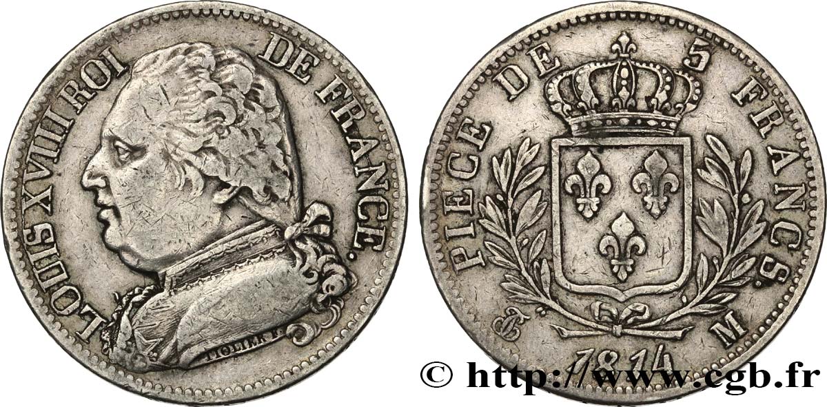 5 francs Louis XVIII, buste habillé 1814 Toulouse F.308/9 TB35 