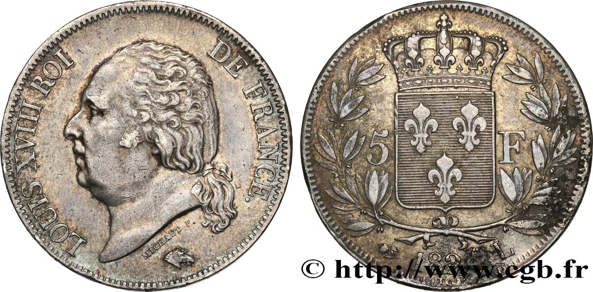 5 francs Louis XVIII, tête nue 1824 Bayonne F.309/94 VF 