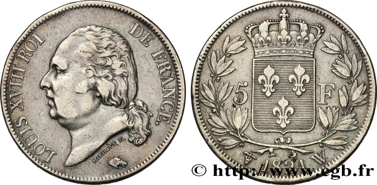 5 francs Louis XVIII, tête nue 1821 Lille F.309/67 MBC 
