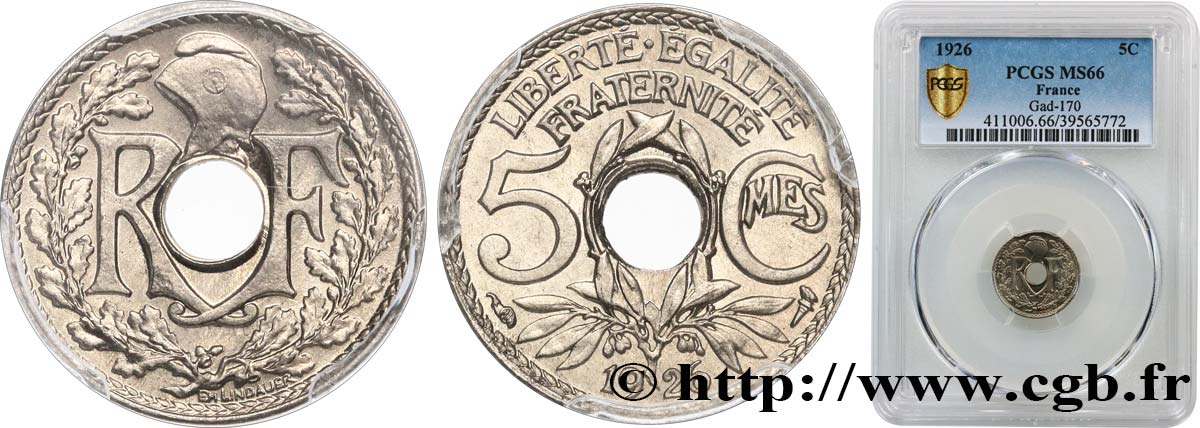 5 centimes Lindauer, petit module 1926  F.122/11 MS66 PCGS