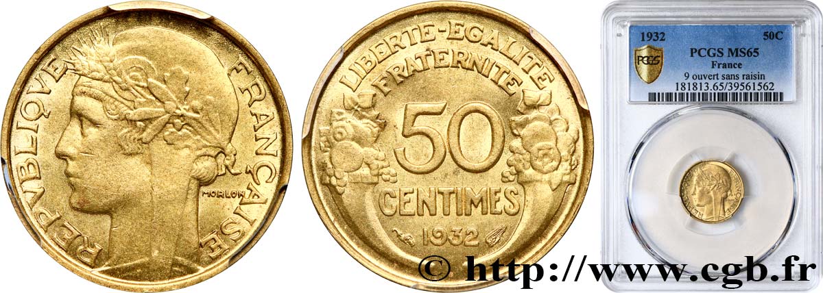 50 centimes Morlon, sans raisin ni fruit, 9 et 2 ouverts 1932  F.192/8 FDC65 PCGS