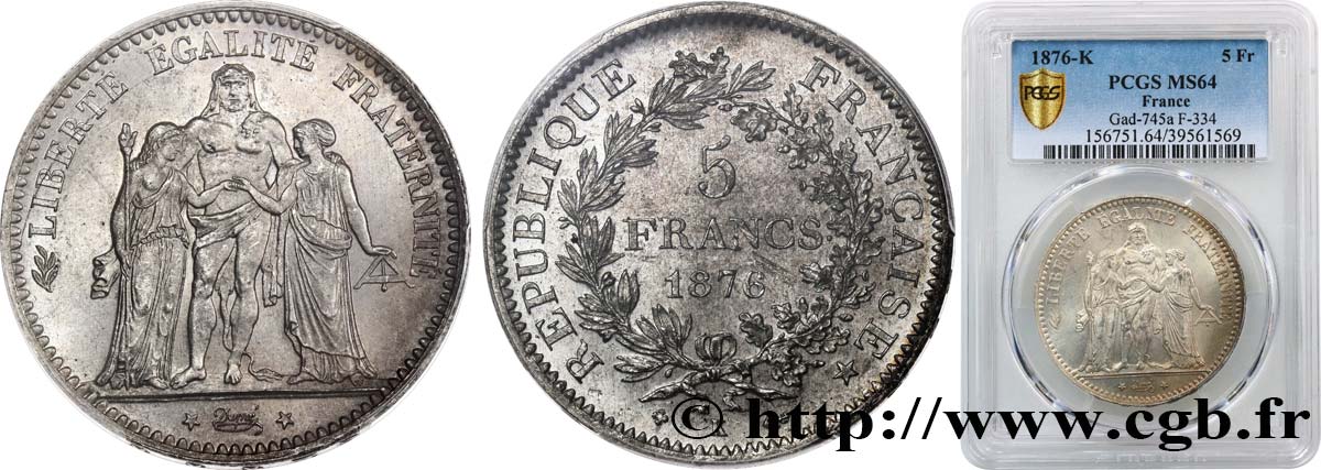 5 francs Hercule 1876 Bordeaux F.334/18 fST64 PCGS