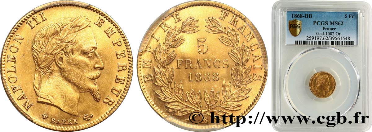 5 francs or Napoléon III, tête laurée 1868 Strasbourg F.502/14 SPL62 PCGS