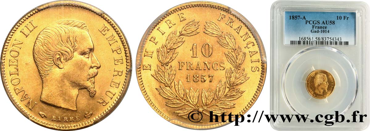 10 francs or Napoléon III, tête nue 1857 Paris F.506/4 VZ58 PCGS