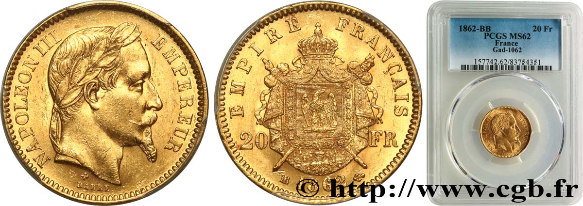 20 francs or Napoléon III, tête laurée 1862 Strasbourg F.532/5 SPL62 PCGS
