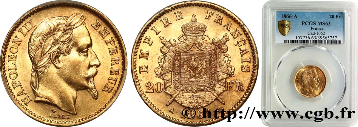 20 francs or Napoléon III, tête laurée 1866 Paris F.532/13 SPL63 PCGS