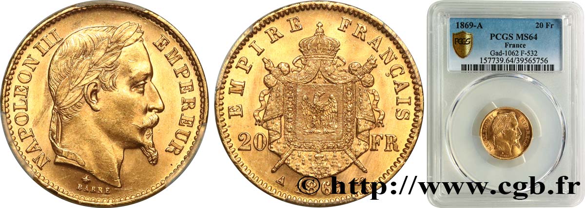 20 francs or Napoléon III, tête laurée 1869 Paris F.532/20 SC64 PCGS