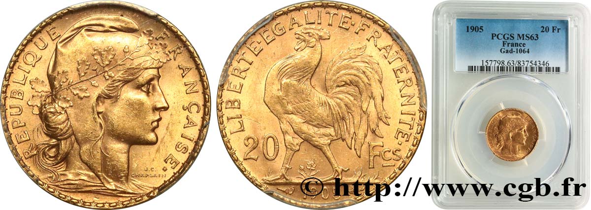 20 francs or Coq, Dieu protège la France 1905 Paris F.534/10 MS63 PCGS