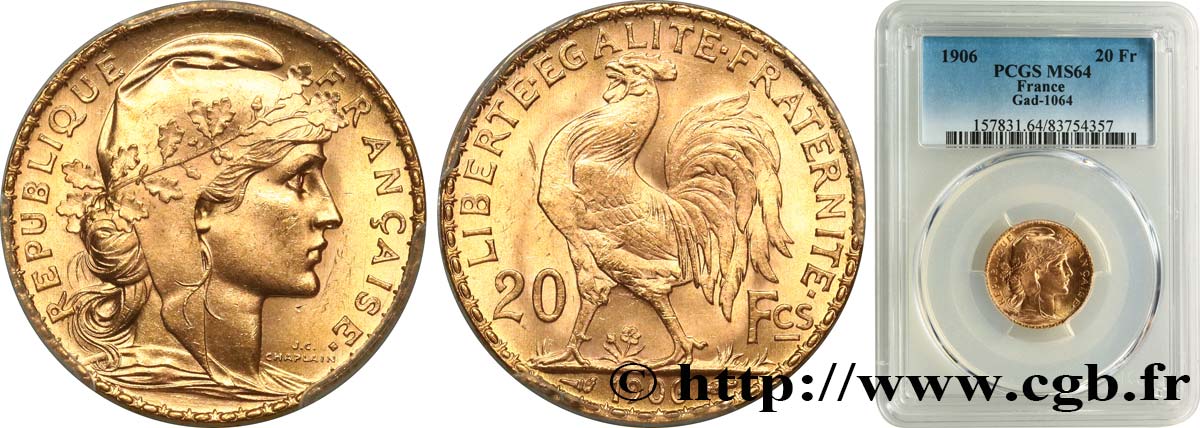 20 francs or Coq, Dieu protège la France 1906 Paris F.534/11 fST64 PCGS