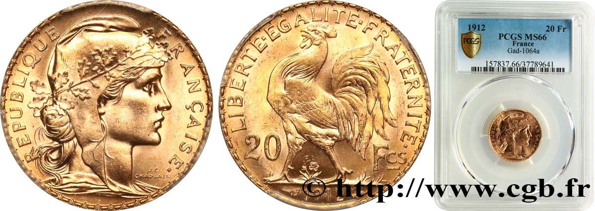 20 francs or Coq, Liberté Égalité Fraternité 1912 Paris F.535/6 MS66 PCGS