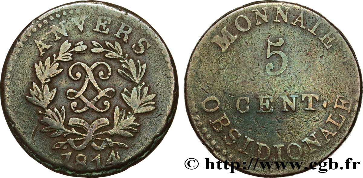 5 cent. Anvers au double L, frappe de l’arsenal de la marine 1814  Anvers F.115E/1 MB 