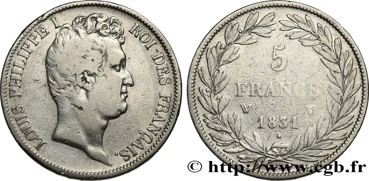 5 francs type Tiolier avec le I, tranche en creux 1831 Lille F.315/27 TB 