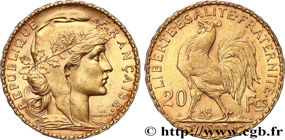 20 francs or Coq, Liberté Égalité Fraternité 1907 Paris F.535/1 EBC+ 