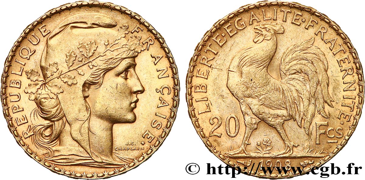 20 francs or Coq, Liberté Égalité Fraternité 1908 Paris F.535/2 AU 