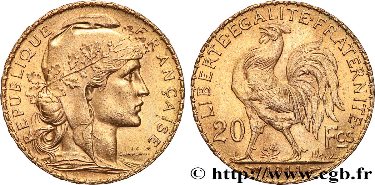20 francs or Coq, Liberté Égalité Fraternité 1911 Paris F.535/5 AU 