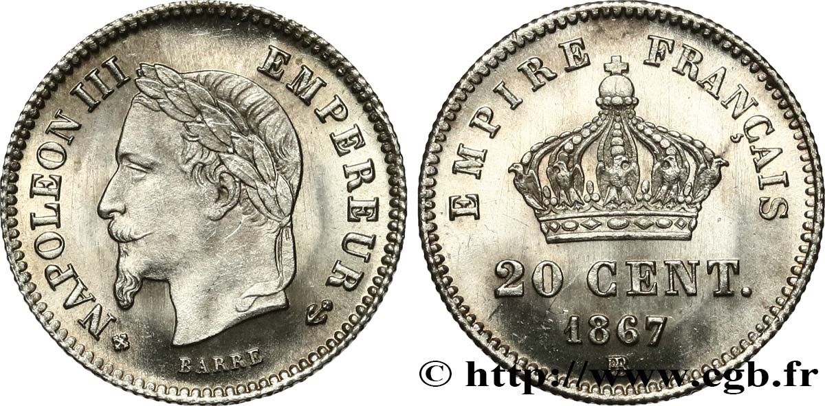 20 centimes Napoléon III, tête laurée, grand module 1867 Strasbourg F.150/2 MS63 