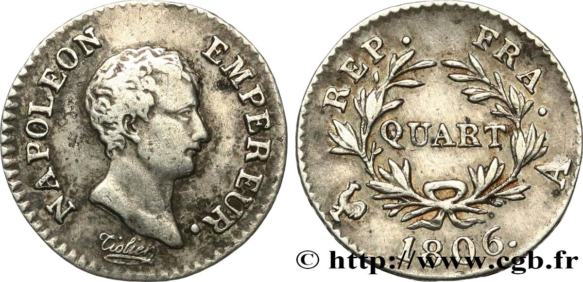 Quart (de franc) Napoléon Empereur, Calendrier grégorien 1806 Paris F.159/1 TB+ 