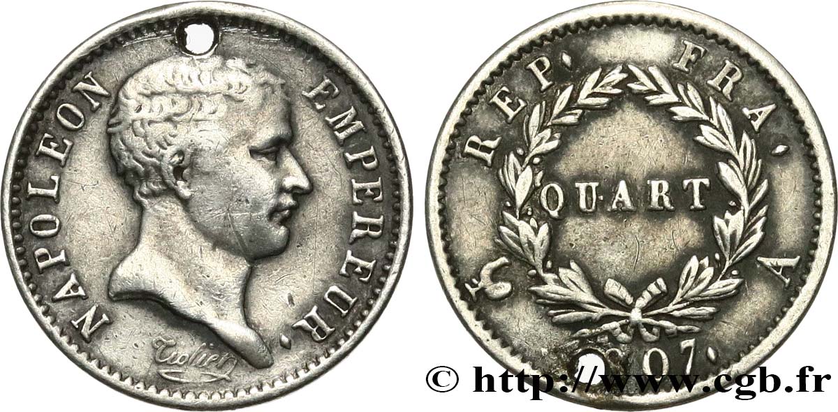 Quart (de franc) Napoléon Empereur, tête de nègre 1807 Paris F.160/1 TB 