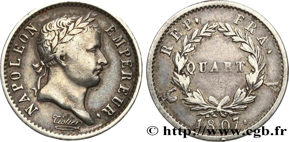 Quart (de franc) Napoléon Ier tête laurée, République française 1807 Paris F.161/1 BB 
