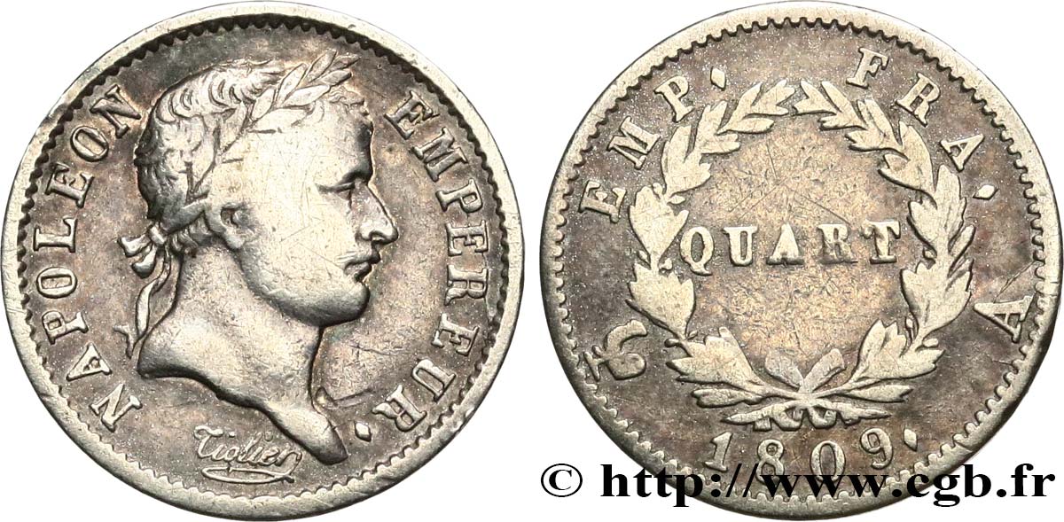 Quart (de franc) Napoléon Ier tête laurée, Empire français 1809 Paris F.162/1 TB 