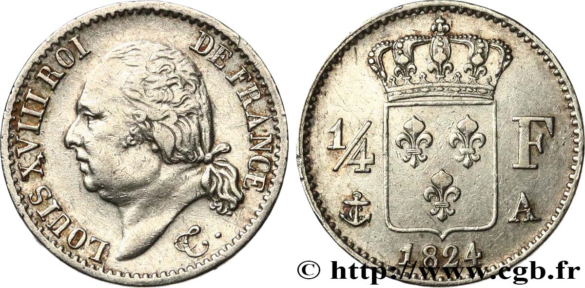 1/4 franc Louis XVIII  1824 Paris F.163/31 TTB+ 