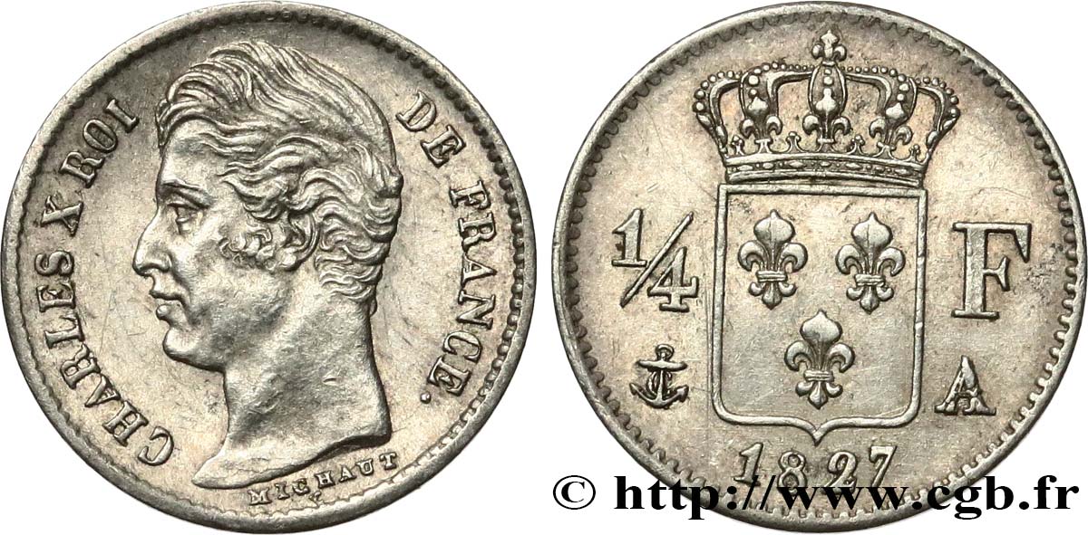 1/4 franc Charles X 1827 Paris F.164/10 EBC55 