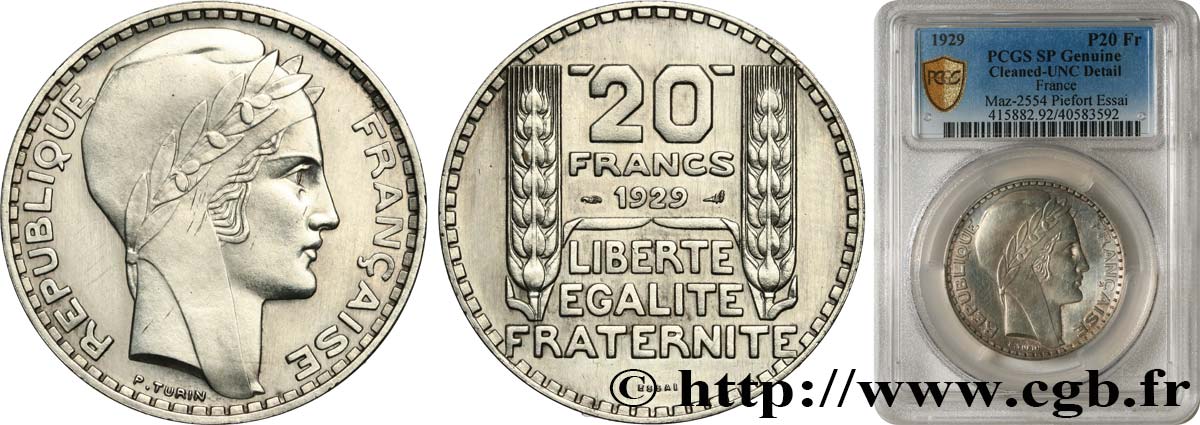Essai-piéfort de 20 francs Turin 1929 Paris GEM.199 EP MS PCGS