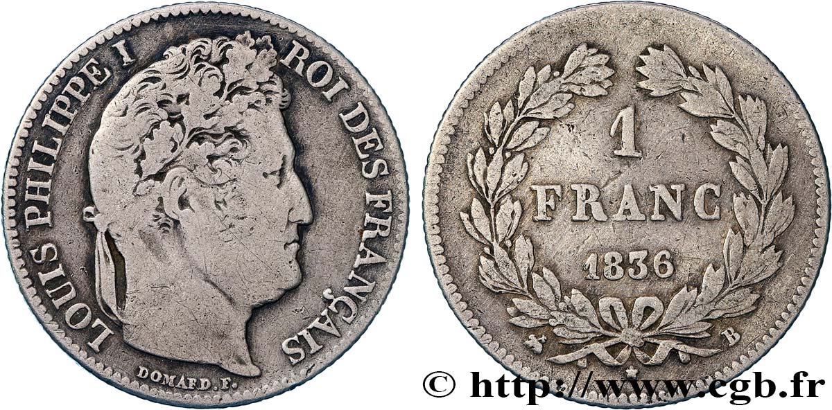 1 franc Louis-Philippe, couronne de chêne 1836 Rouen F.210/51 B+ 
