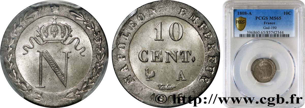 10 cent. à l N couronnée 1808 Paris F.130/2 FDC65 PCGS