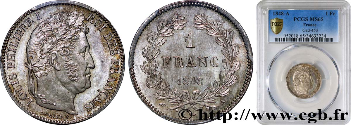 1 franc Louis-Philippe, couronne de chêne 1848 Paris F.210/113 FDC65 PCGS