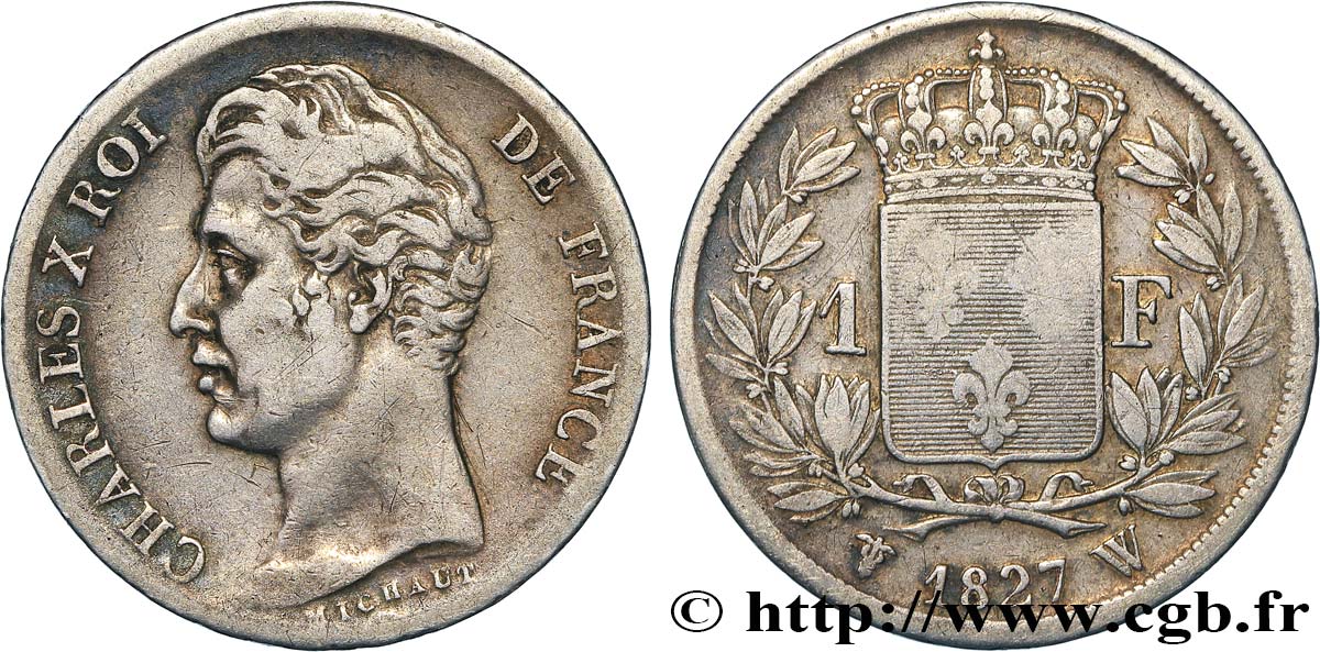1 franc Charles X, matrice du revers à cinq feuilles 1827 Lille F.207/36 VF 