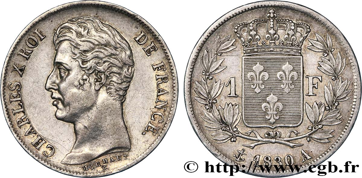 1 franc Charles X, matrice du revers à quatre feuilles 1830 Paris F.207A/26 MBC+ 