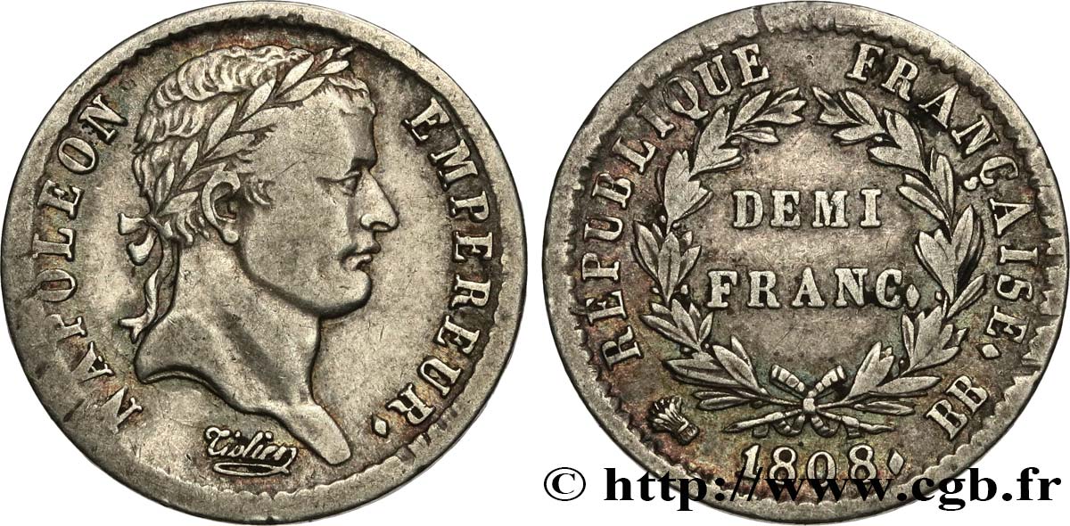 Demi-franc Napoléon Ier tête laurée, République française, buste fin 1808 Strasbourg F.177/4 MBC40 