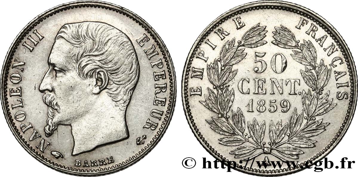 50 centimes Napoléon III, tête nue 1859 Paris F.187/10 EBC+ 
