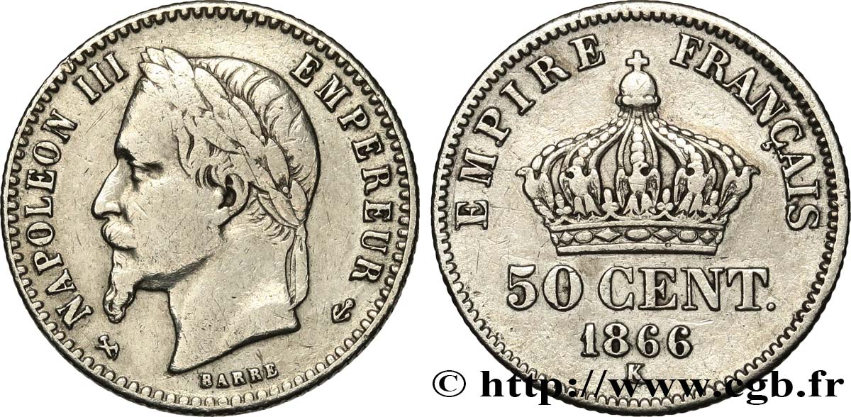 50 centimes Napoléon III, tête laurée 1866 Bordeaux F.188/11 VF 