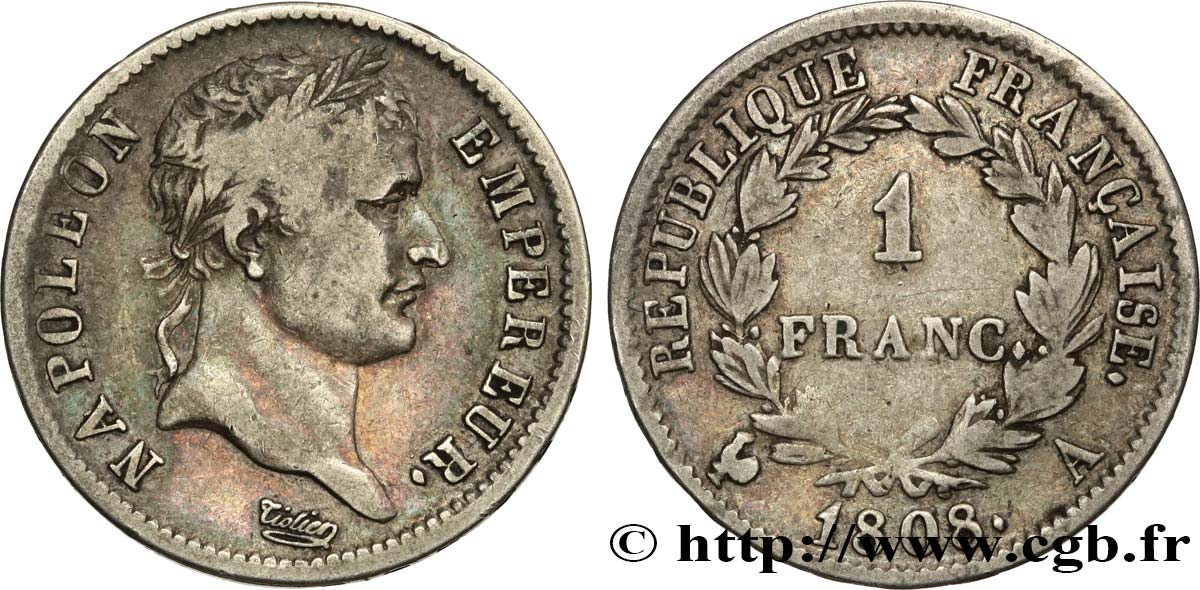 1 franc Napoléon Ier tête laurée, République française 1808 Paris F.204/2 S30 