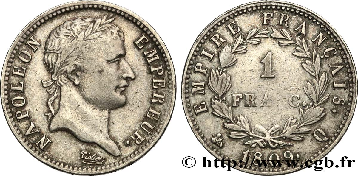 1 franc Napoléon Ier tête laurée, Empire français 1809 Perpignan F.205/9 MBC40 