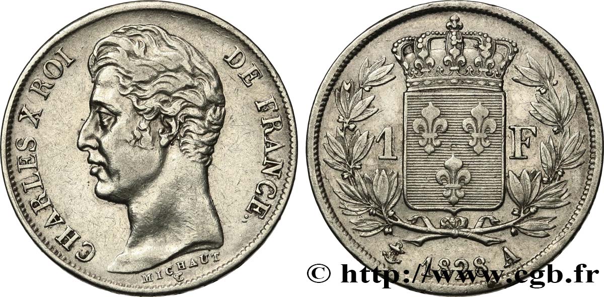 1 franc Charles X, matrice du revers à cinq feuilles 1828 Paris F.207/37 TTB 