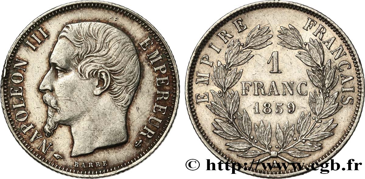 1 franc Napoléon III, tête nue 1859 Paris F.214/12 AU53 