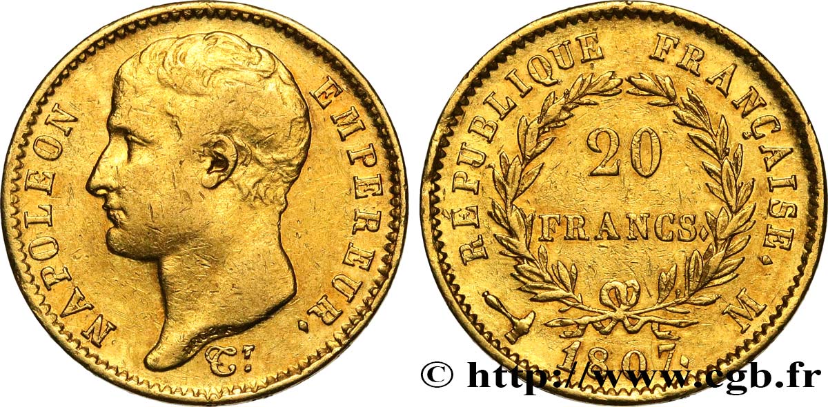 20 francs or Napoléon tête nue, type transitoire 1807 Toulouse F.514/2 TTB45 