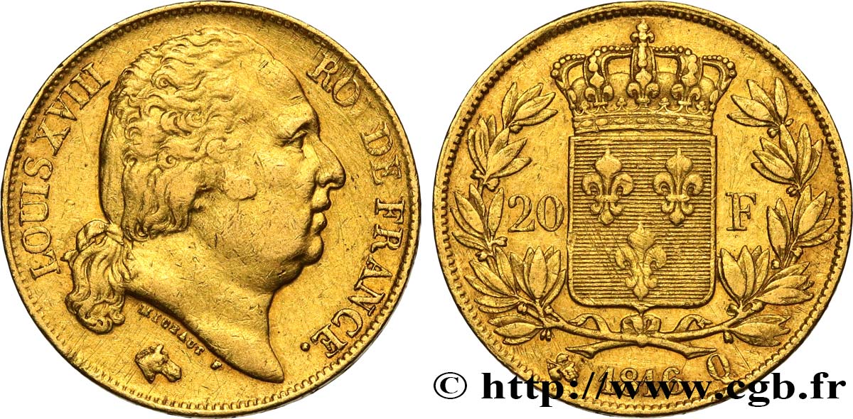 20 francs or Louis XVIII, tête nue 1816 Perpignan F.519/3 MBC 