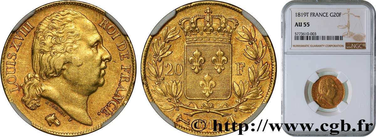 20 francs or Louis XVIII, tête nue 1819 Nantes F.519/17 AU55 NGC