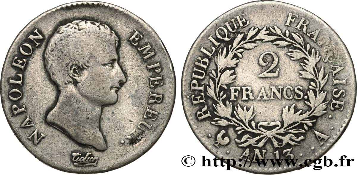2 francs Napoléon Empereur, Calendrier révolutionnaire 1805 Paris F.251/12 TB 